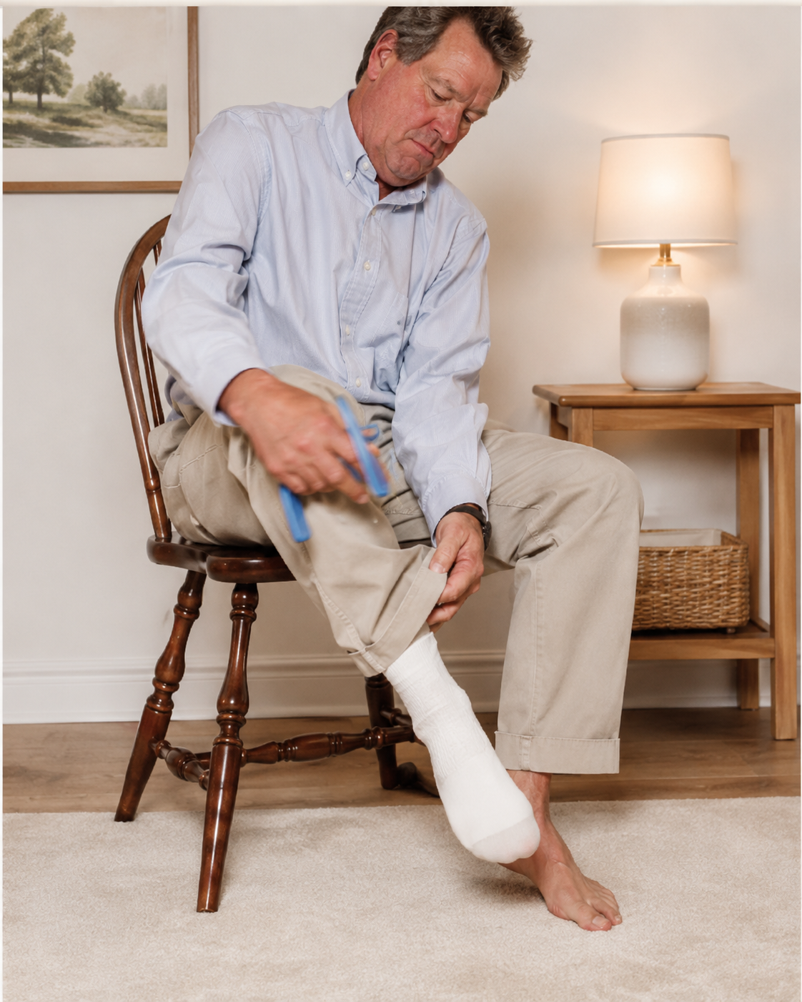 One hand guiding the sock into place on the foot to finish dressing