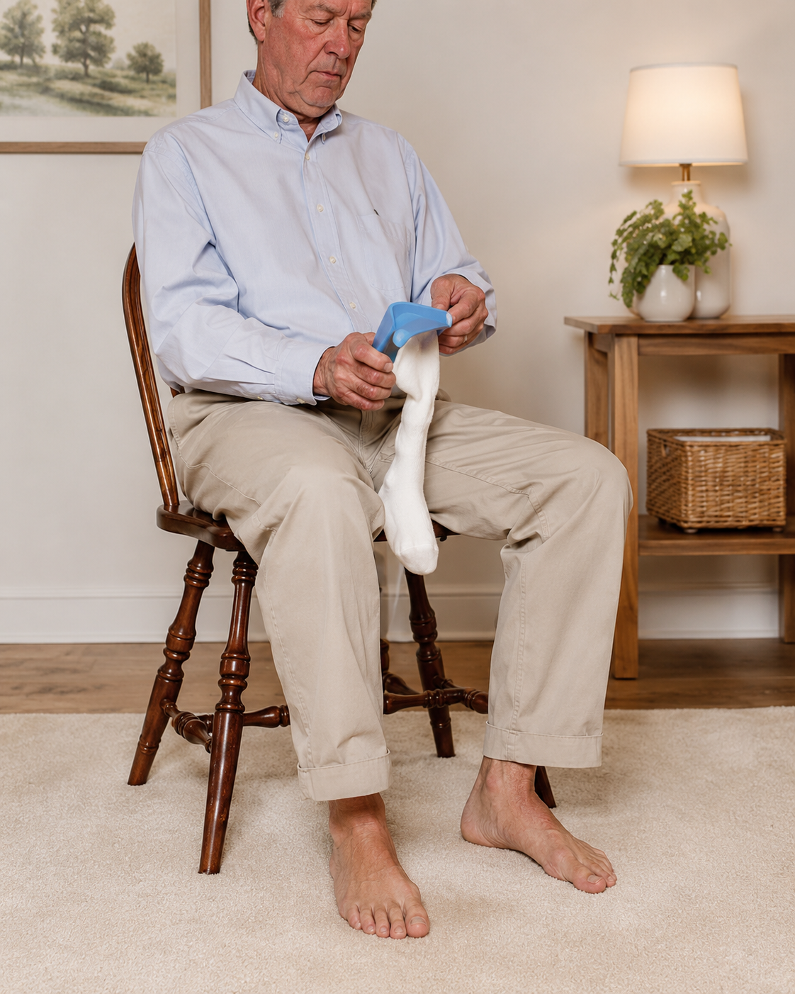 A white cotton sock being loaded onto the Toes First sock-assist device