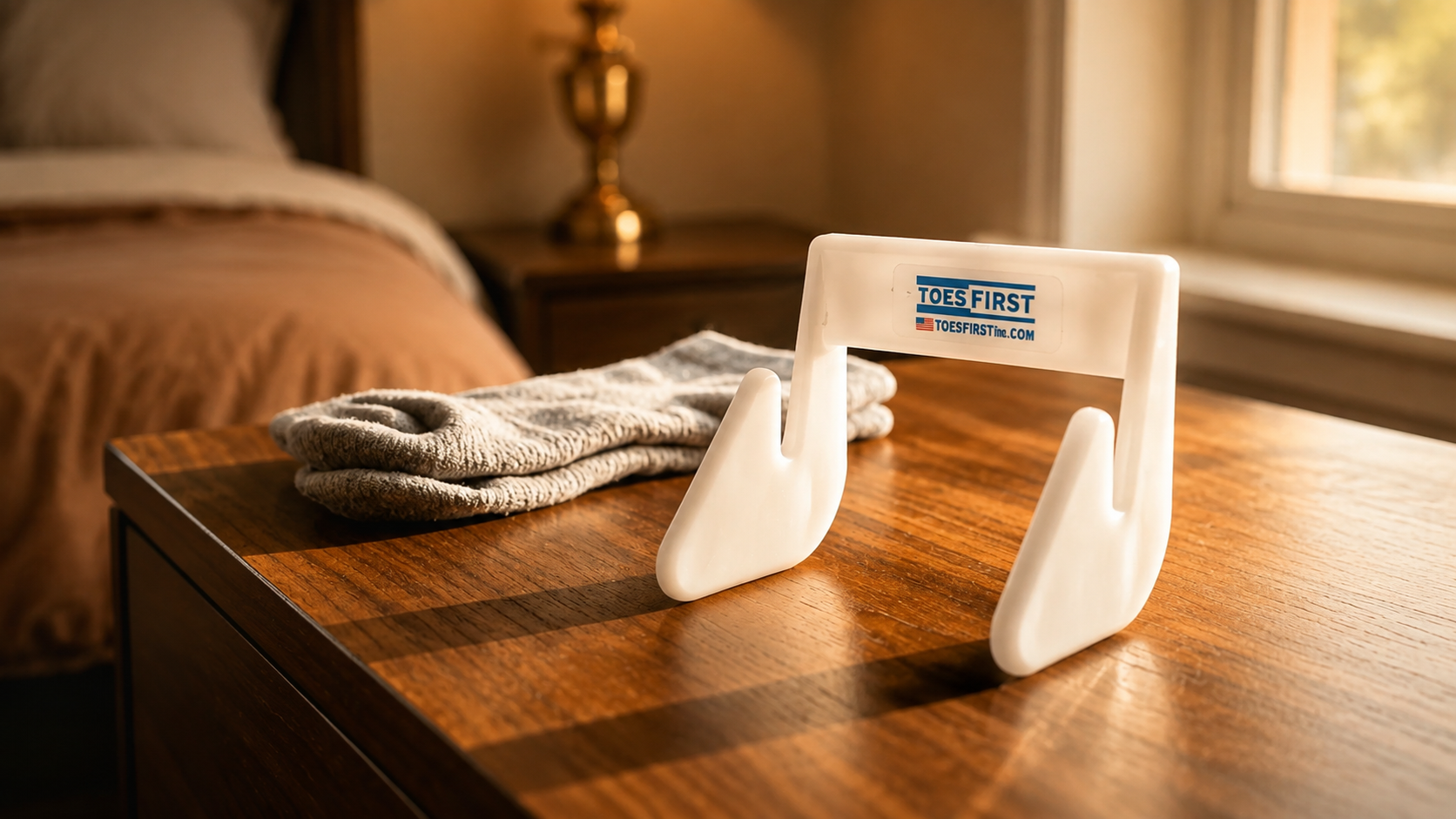 The Toes First sock-assist device on a wooden bedside table beside a folded pair of socks in warm morning light