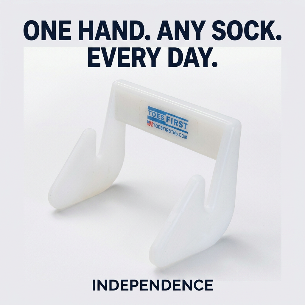 The white Toes First sock-assist device with the words one hand, any sock, every day, independence